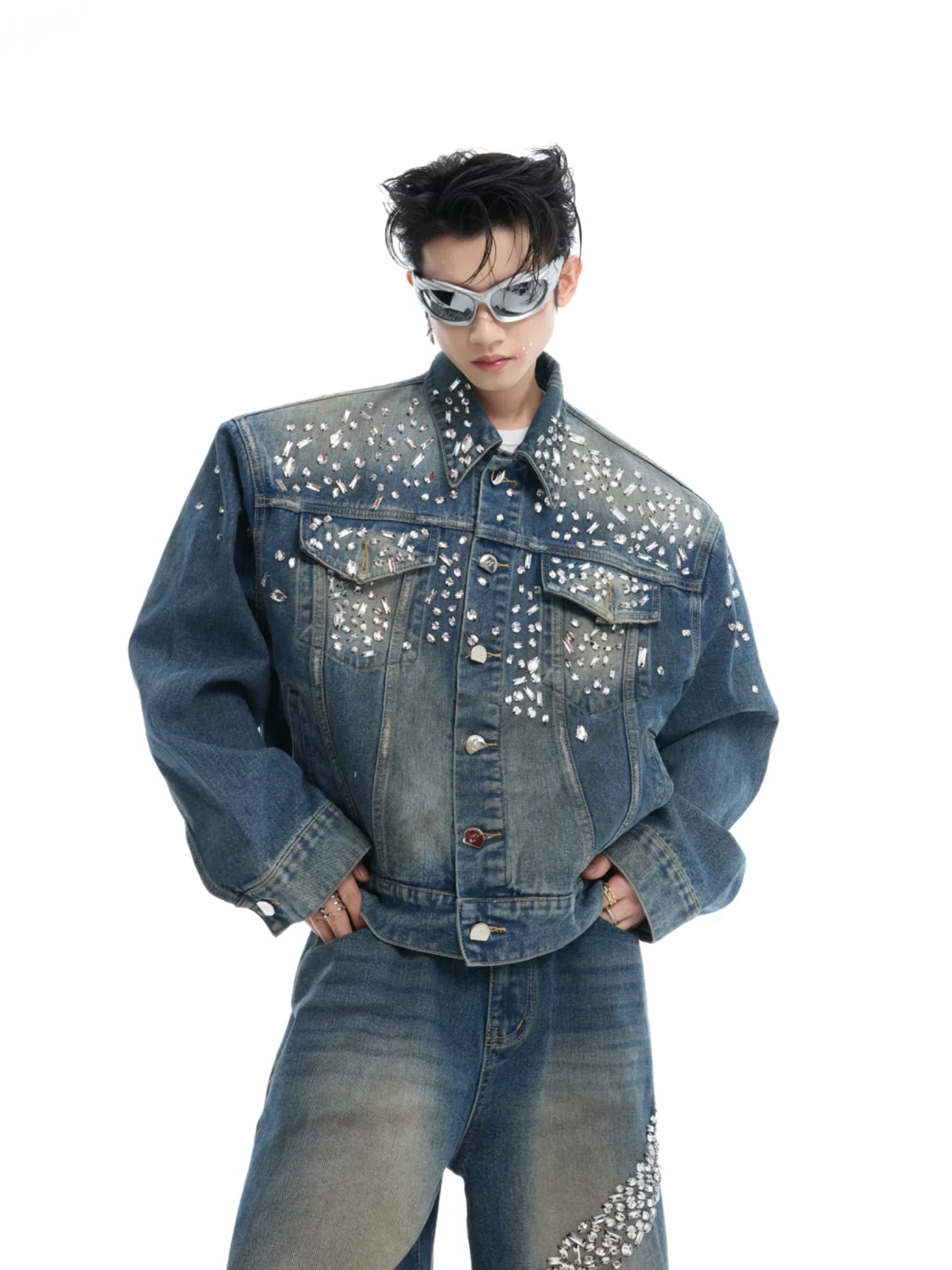 Embellished Washed Denim Jacket and Jeans in Blue - main image 2