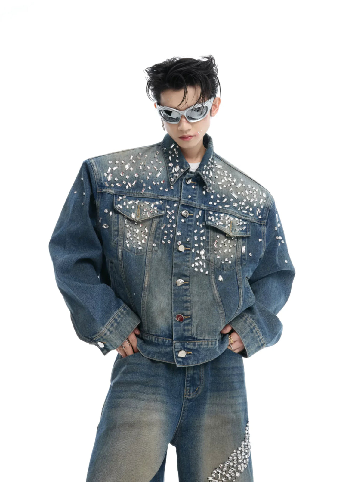 Embellished Washed Denim Jacket and Jeans in Blue - main image 2