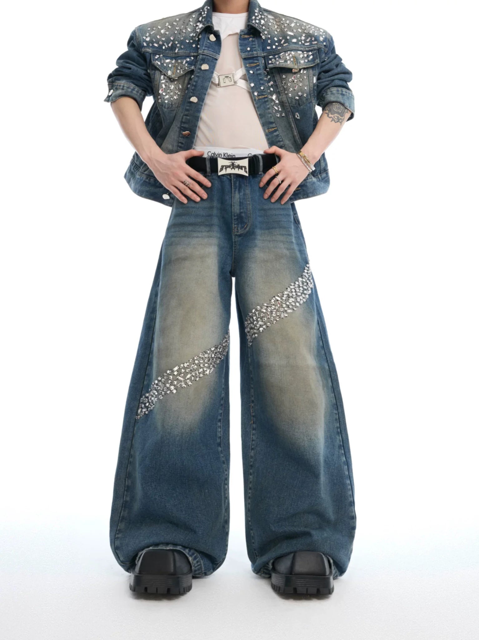 Embellished Washed Denim Jacket and Jeans in Blue - main image 4