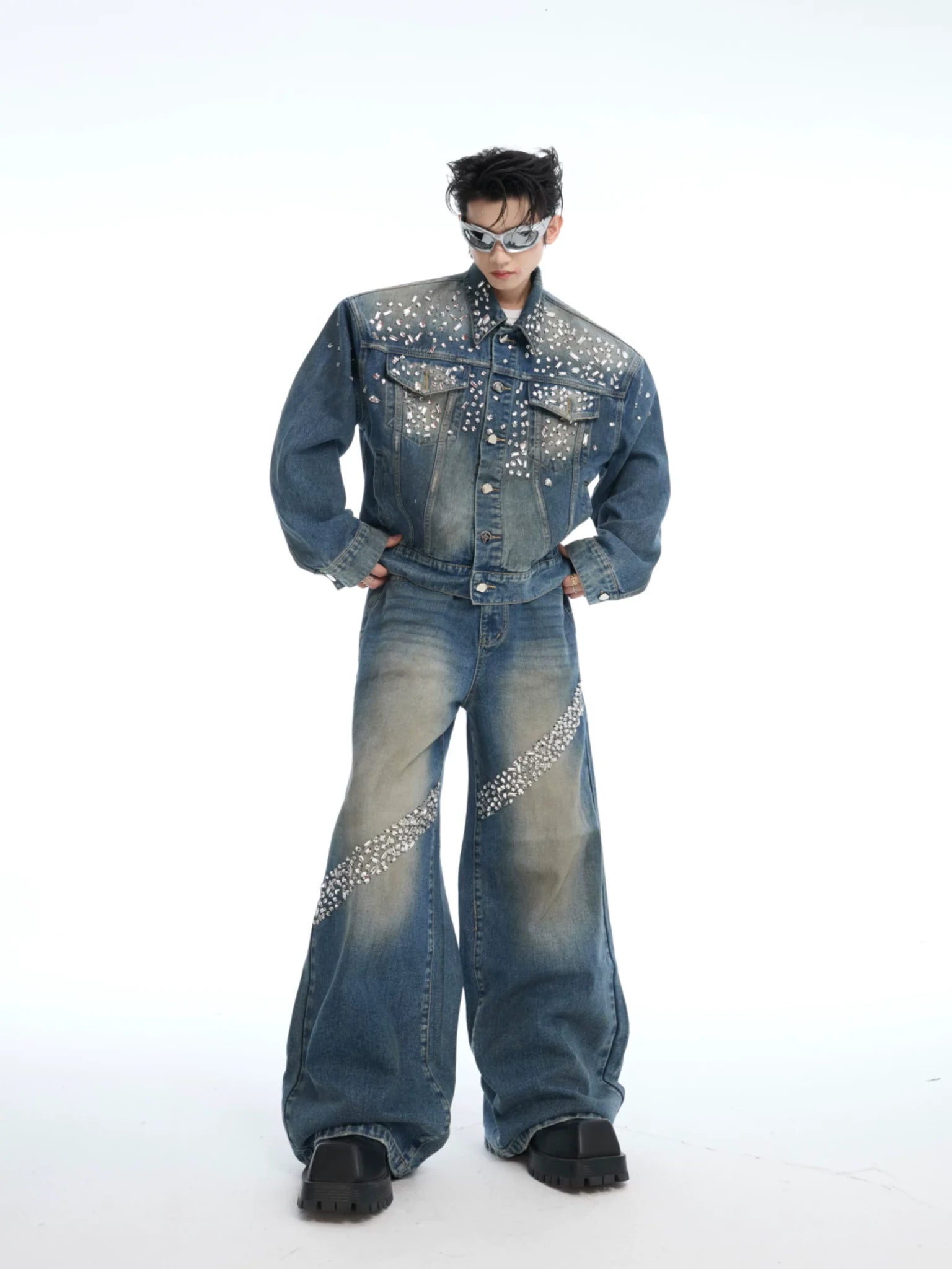 Embellished Washed Denim Jacket and Jeans in Blue - main image 5