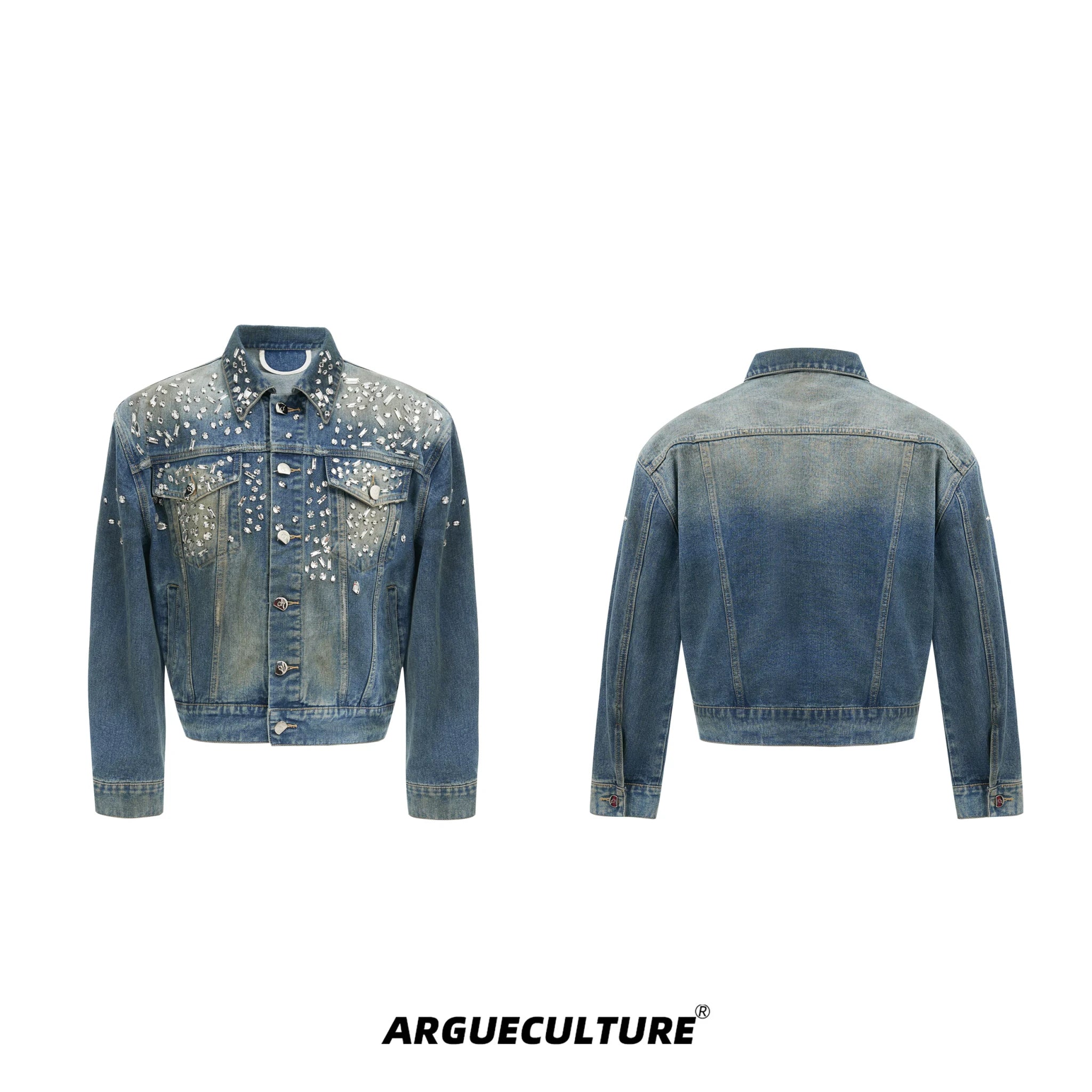Embellished Washed Denim Jacket and Jeans in Blue - Washed Blue Jacket