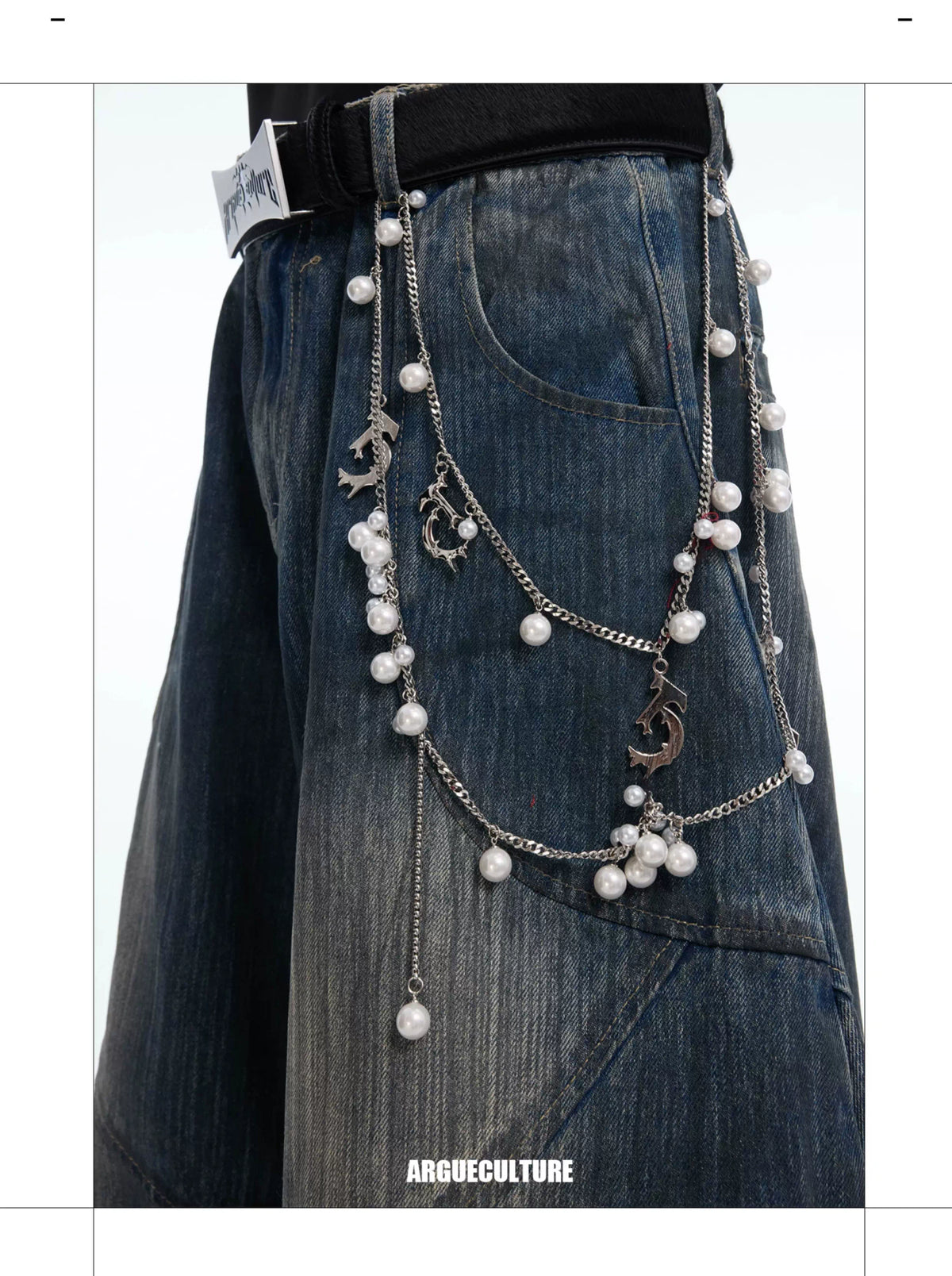 Deconstructed Washed Wide-Leg Jeans with Metal Chain - description image 2
