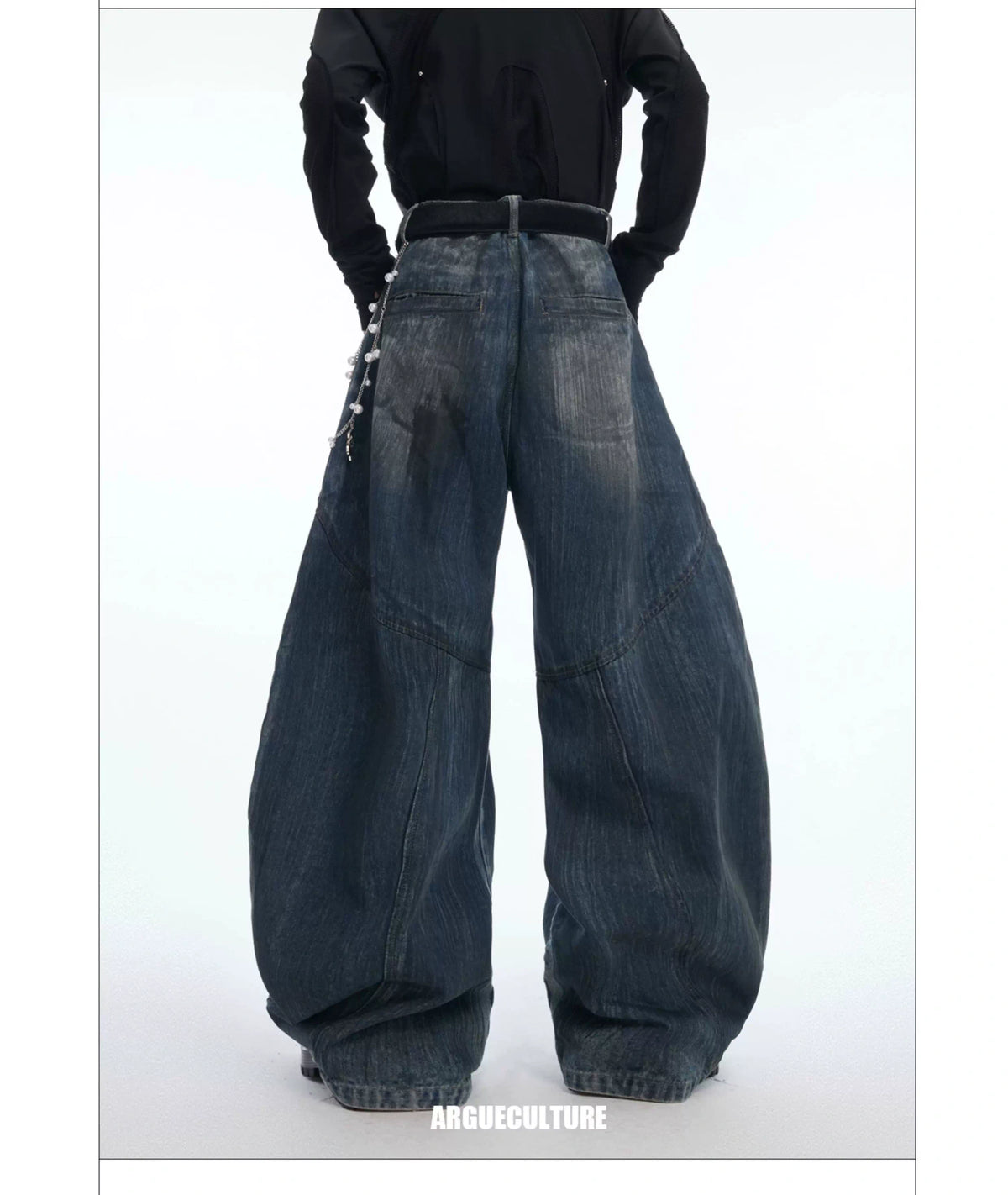 Deconstructed Washed Wide-Leg Jeans with Metal Chain - description image 3