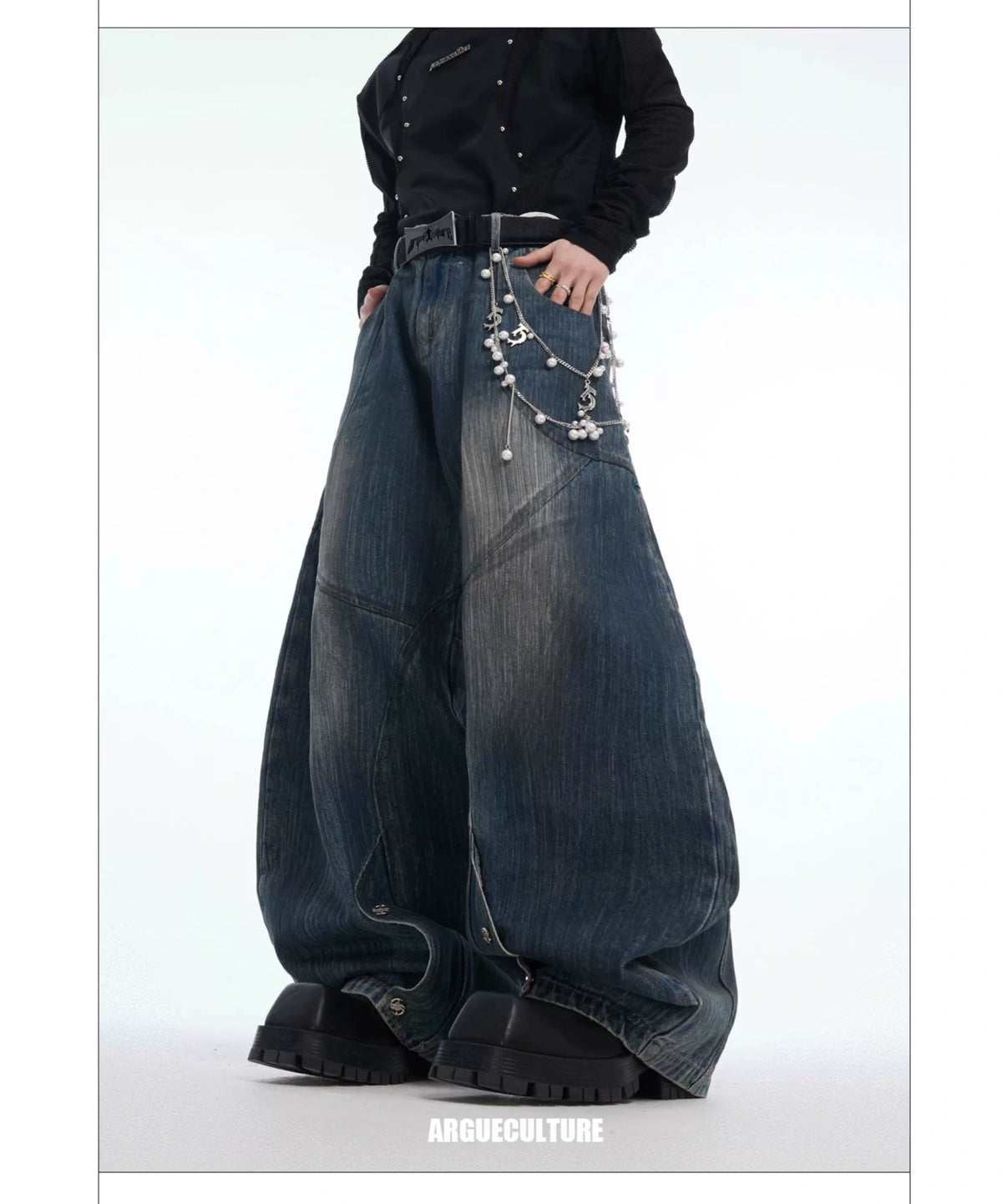 Deconstructed Washed Wide-Leg Jeans with Metal Chain - description image 4
