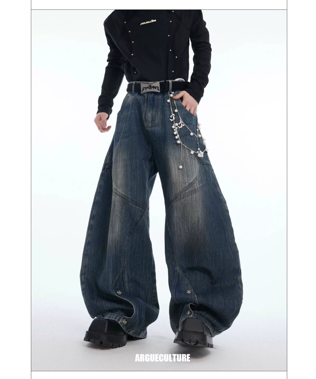 Deconstructed Washed Wide-Leg Jeans with Metal Chain - description image 5