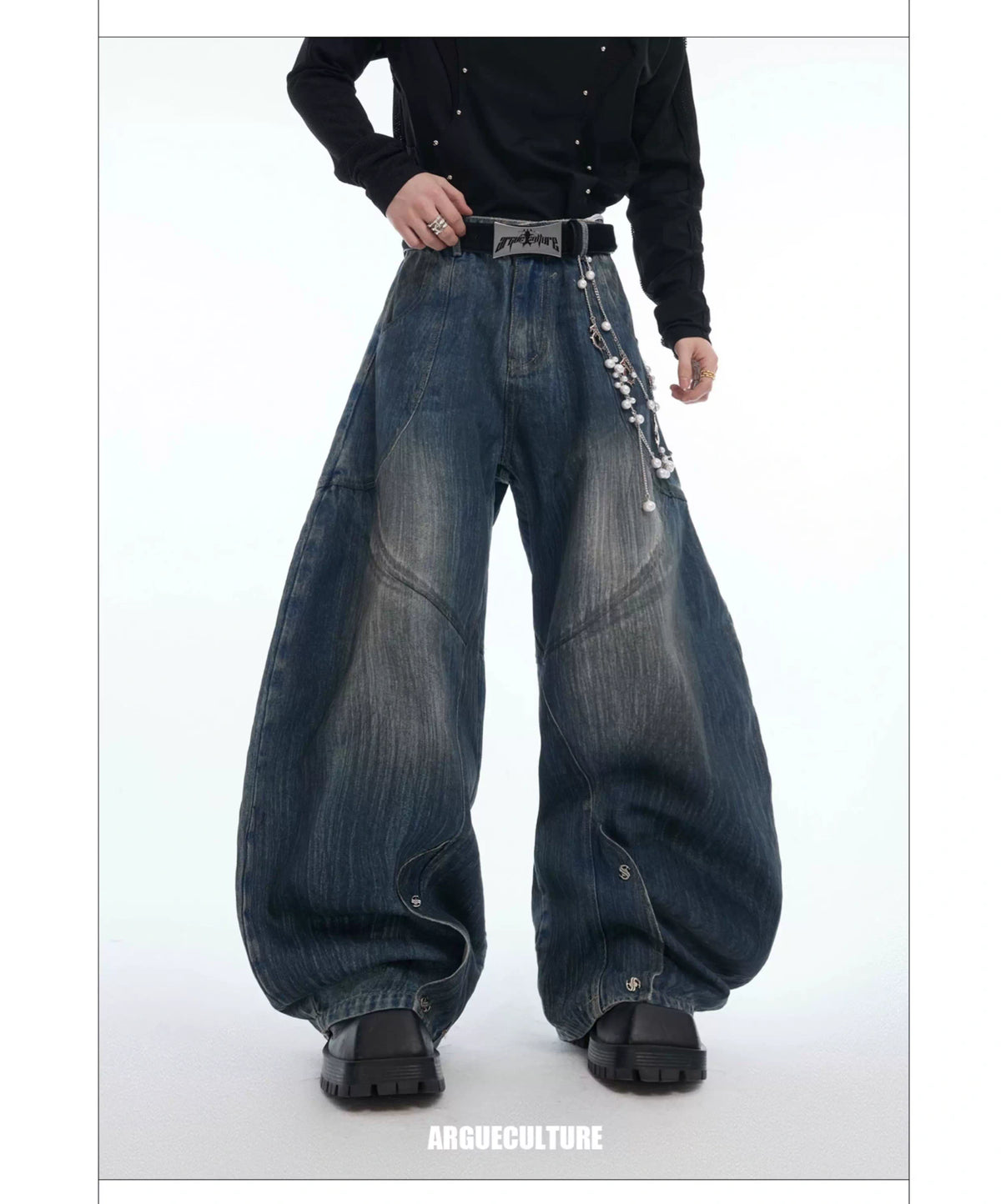 Deconstructed Washed Wide-Leg Jeans with Metal Chain - description image 6