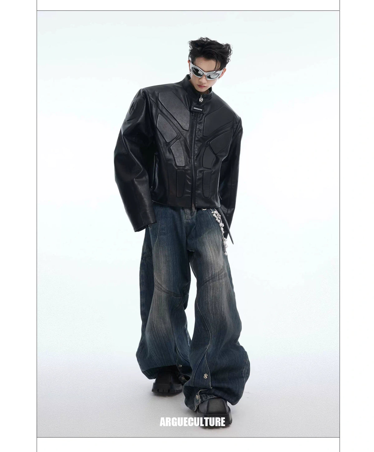 Deconstructed Washed Wide-Leg Jeans with Metal Chain - description image 7
