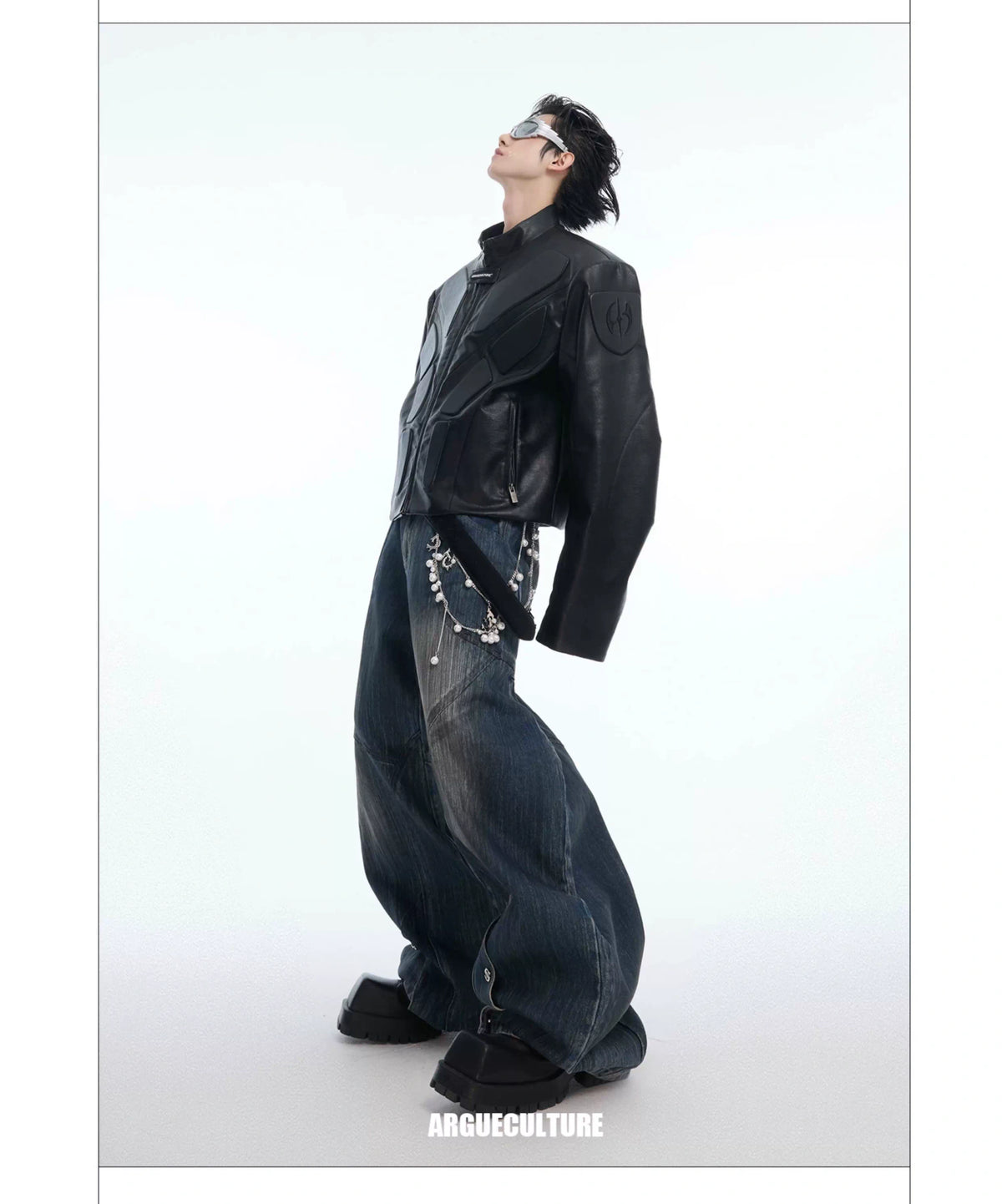 Deconstructed Washed Wide-Leg Jeans with Metal Chain - description image 8