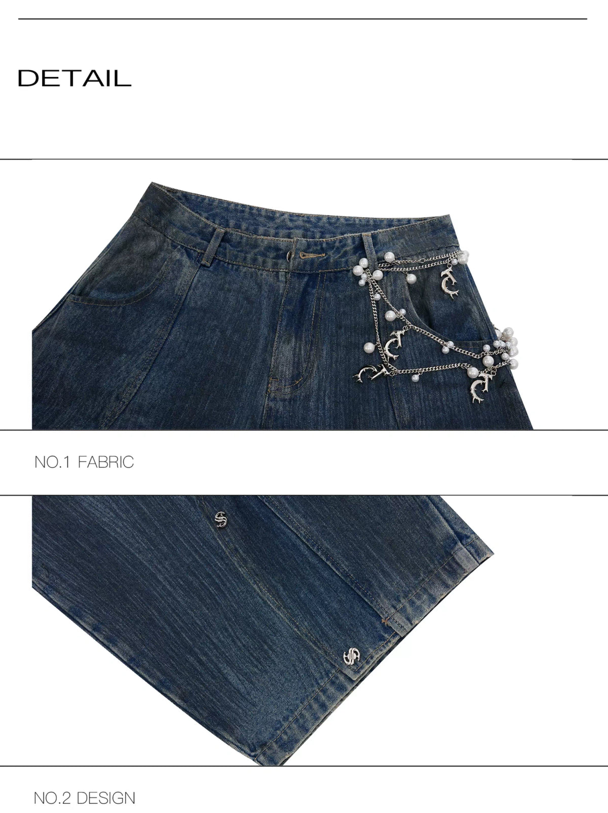 Deconstructed Washed Wide-Leg Jeans with Metal Chain - description image 12