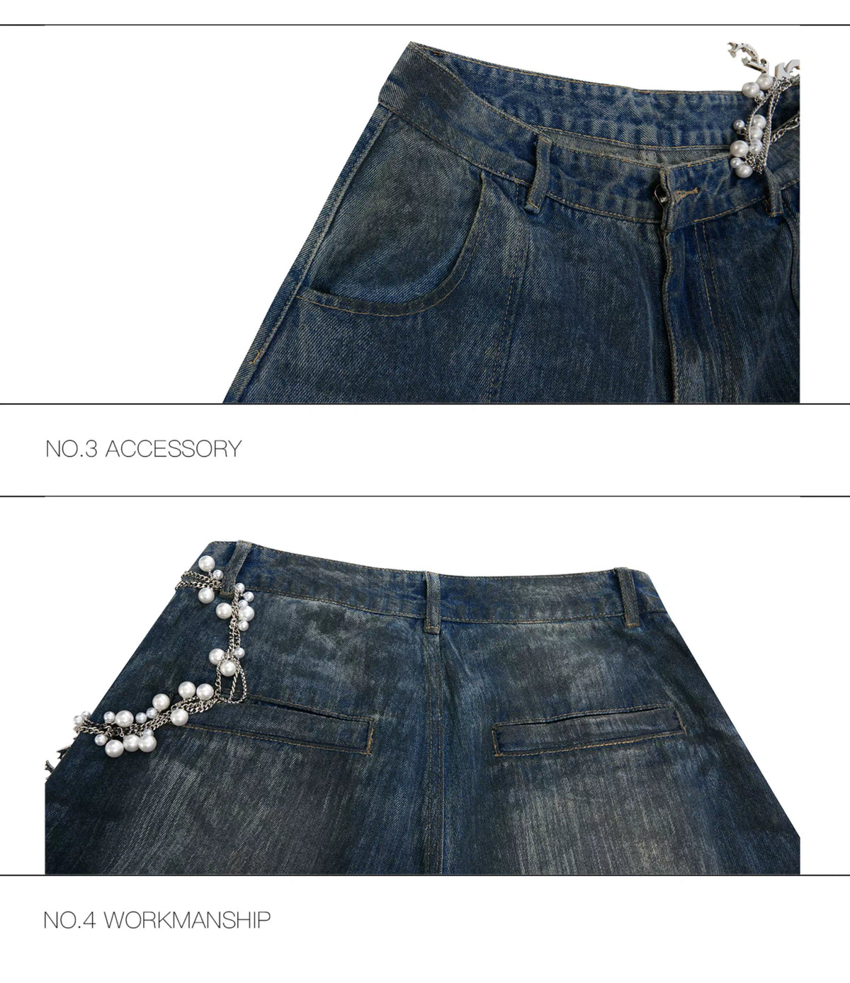 Deconstructed Washed Wide-Leg Jeans with Metal Chain - description image 13