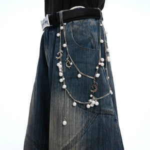 Deconstructed Washed Wide-Leg Jeans with Metal Chain - main image 3