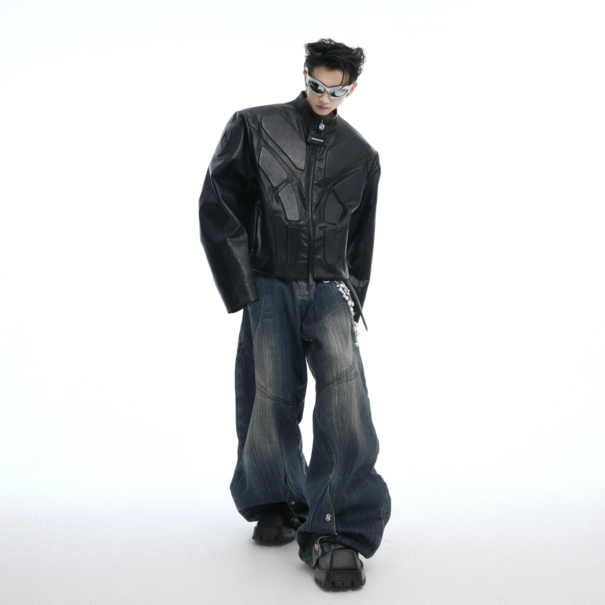 Deconstructed Washed Wide-Leg Jeans with Metal Chain - main image 4