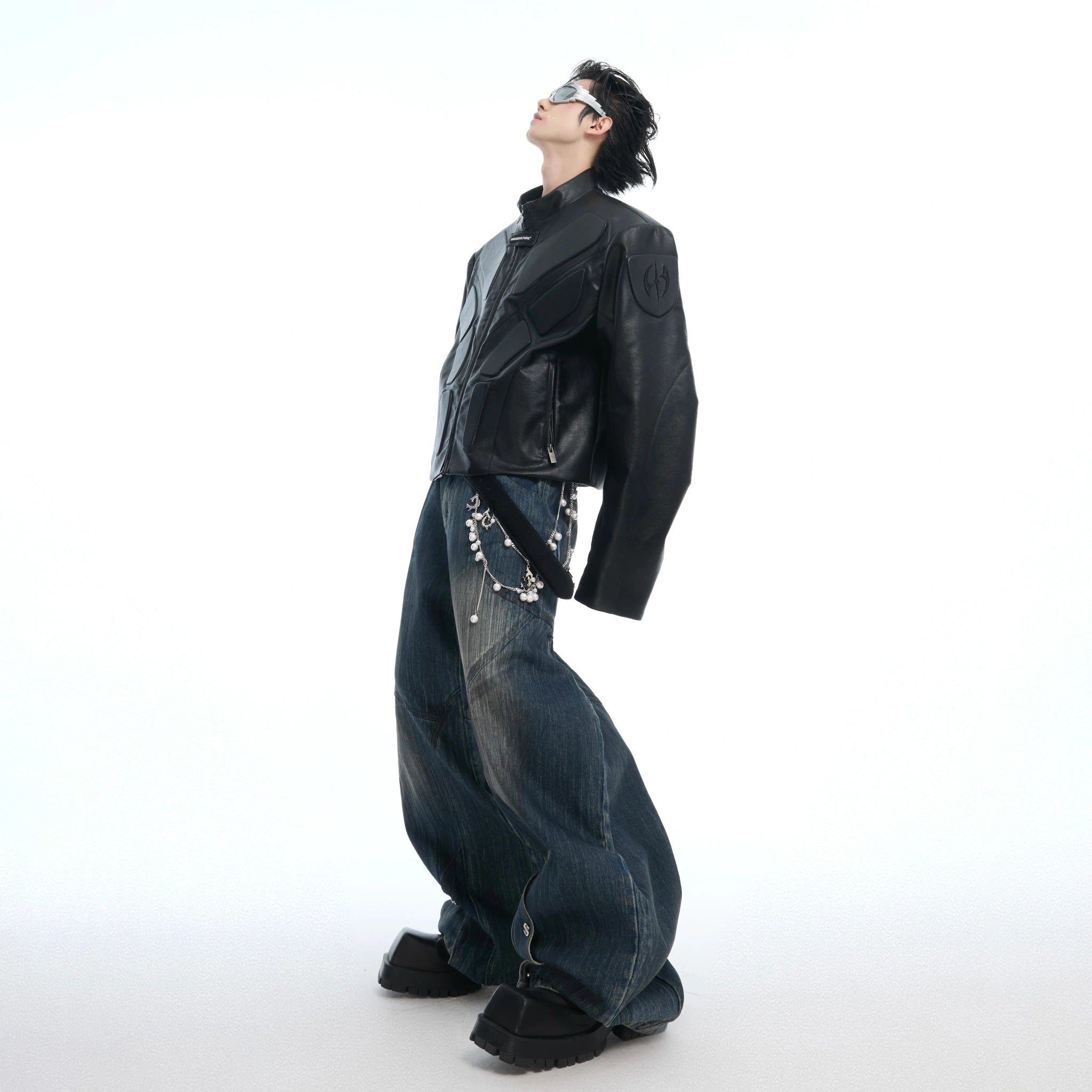 Deconstructed Washed Wide-Leg Jeans with Metal Chain - main image 5