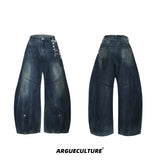 Deconstructed Washed Wide-Leg Jeans with Metal Chain - Blue Jeans