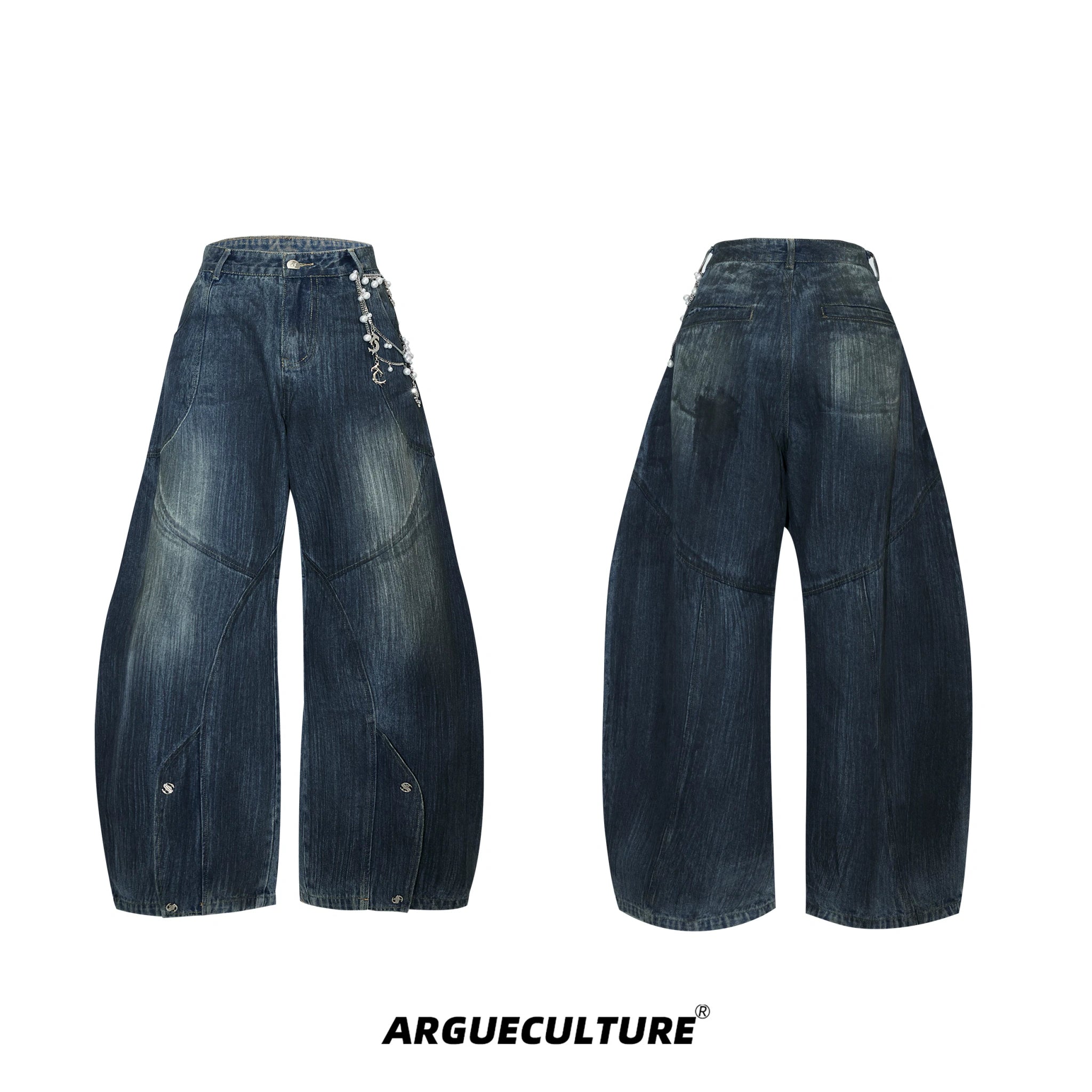 Deconstructed Washed Wide-Leg Jeans with Metal Chain - Blue Jeans