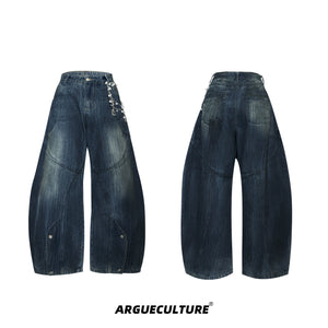 Deconstructed Washed Wide-Leg Jeans with Metal Chain - Blue Jeans