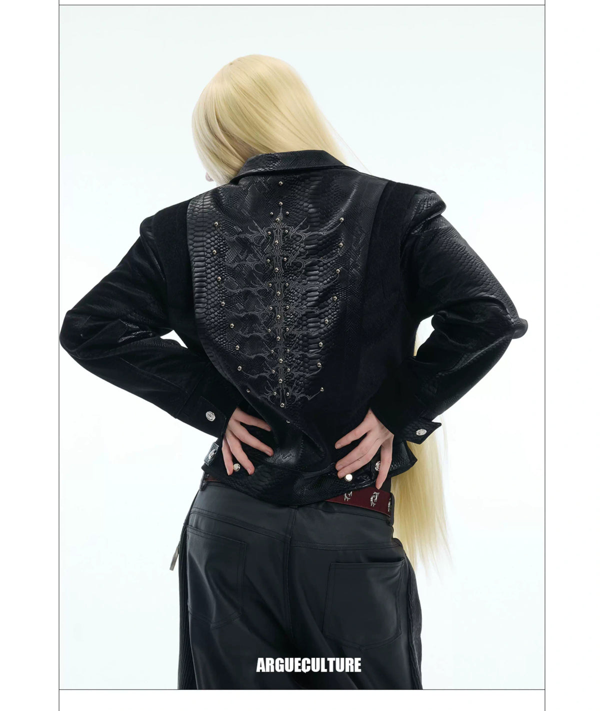 Snake-Texture Studded PU Cropped Jacket | Unisex - description image 2