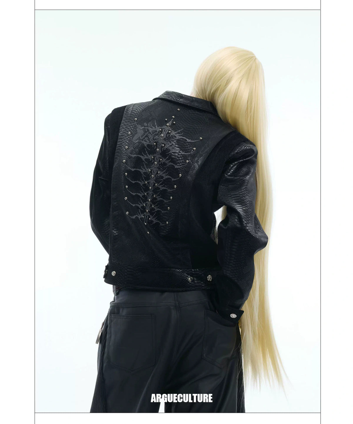 Snake-Texture Studded PU Cropped Jacket | Unisex - description image 3