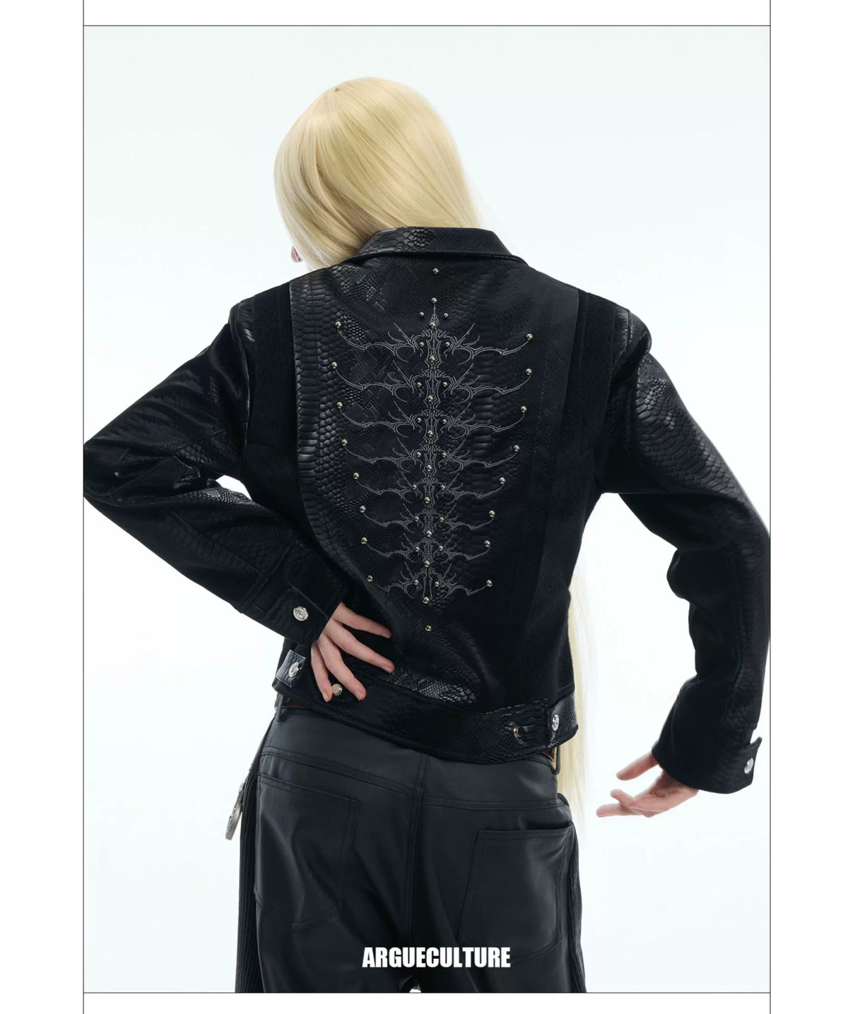 Snake-Texture Studded PU Cropped Jacket | Unisex - description image 4