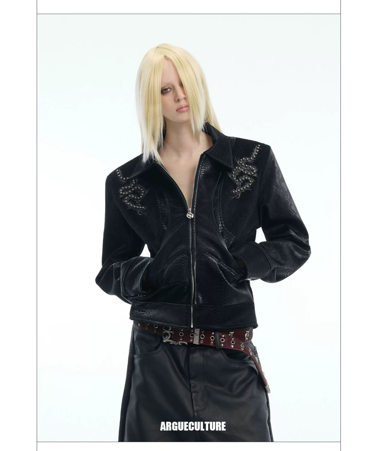 Snake-Texture Studded PU Cropped Jacket | Unisex - description image 5