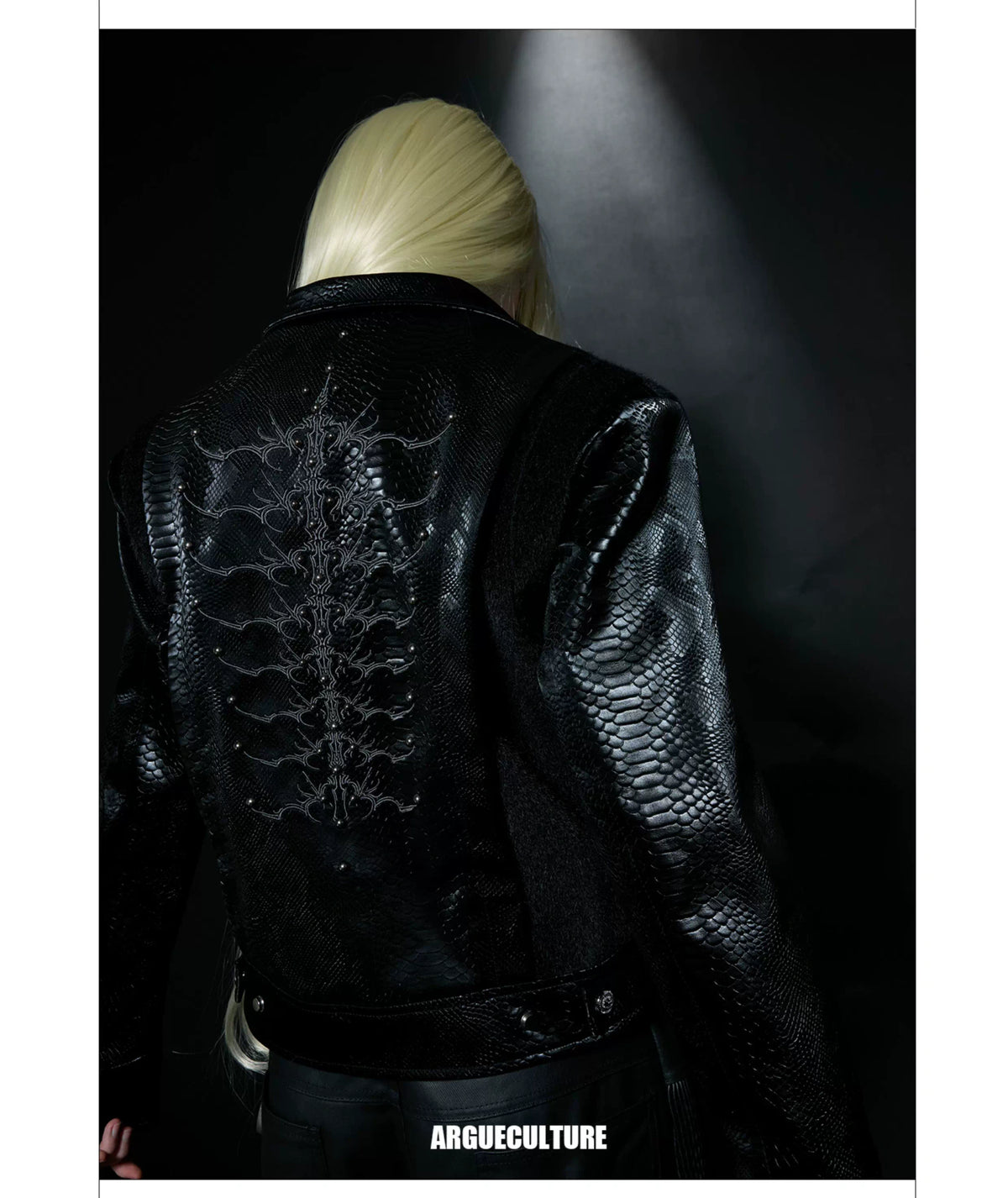 Snake-Texture Studded PU Cropped Jacket | Unisex - description image 11