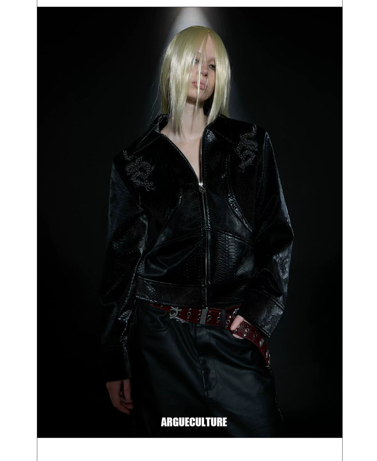 Snake-Texture Studded PU Cropped Jacket | Unisex - description image 13