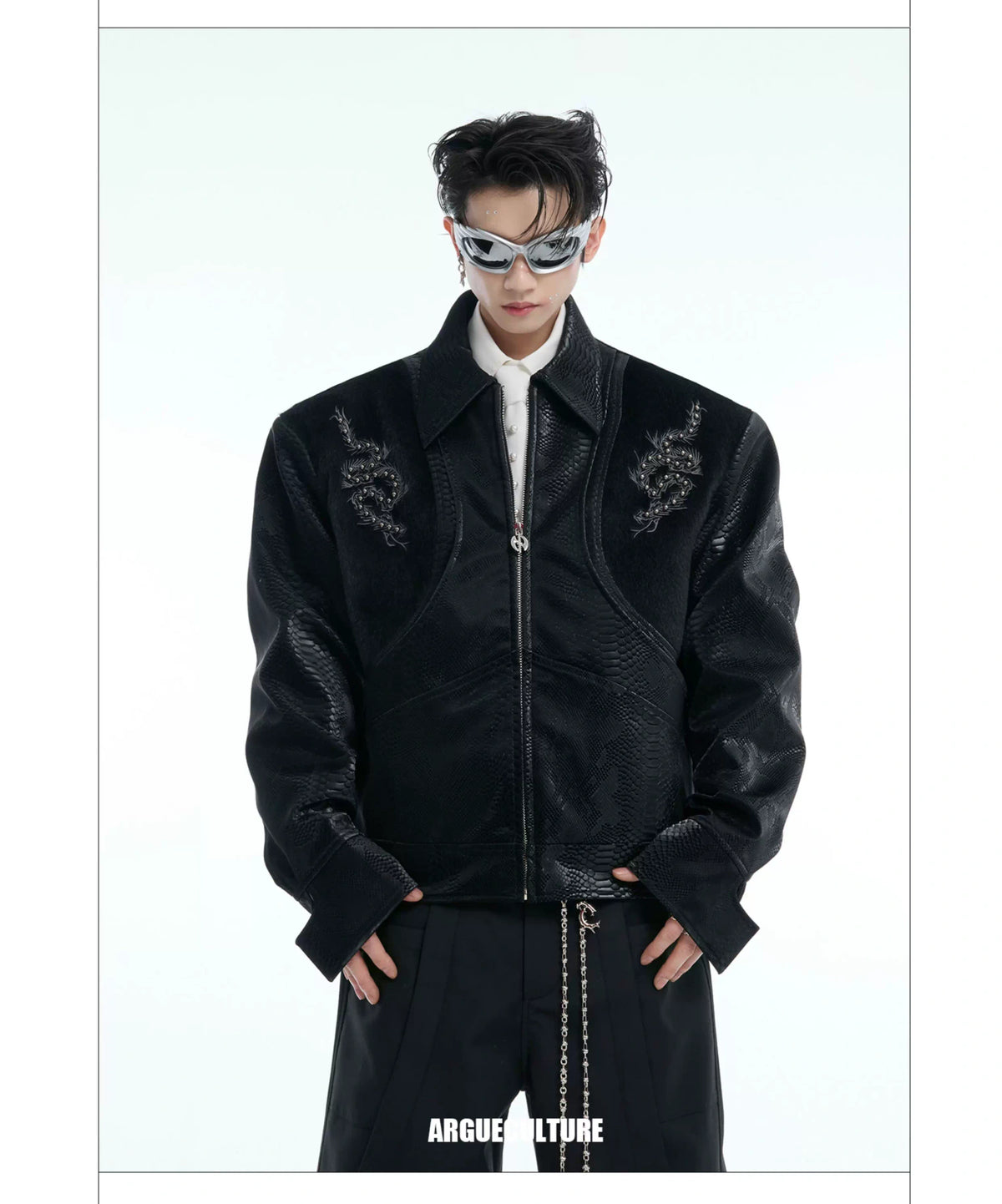 Snake-Texture Studded PU Cropped Jacket | Unisex - description image 14