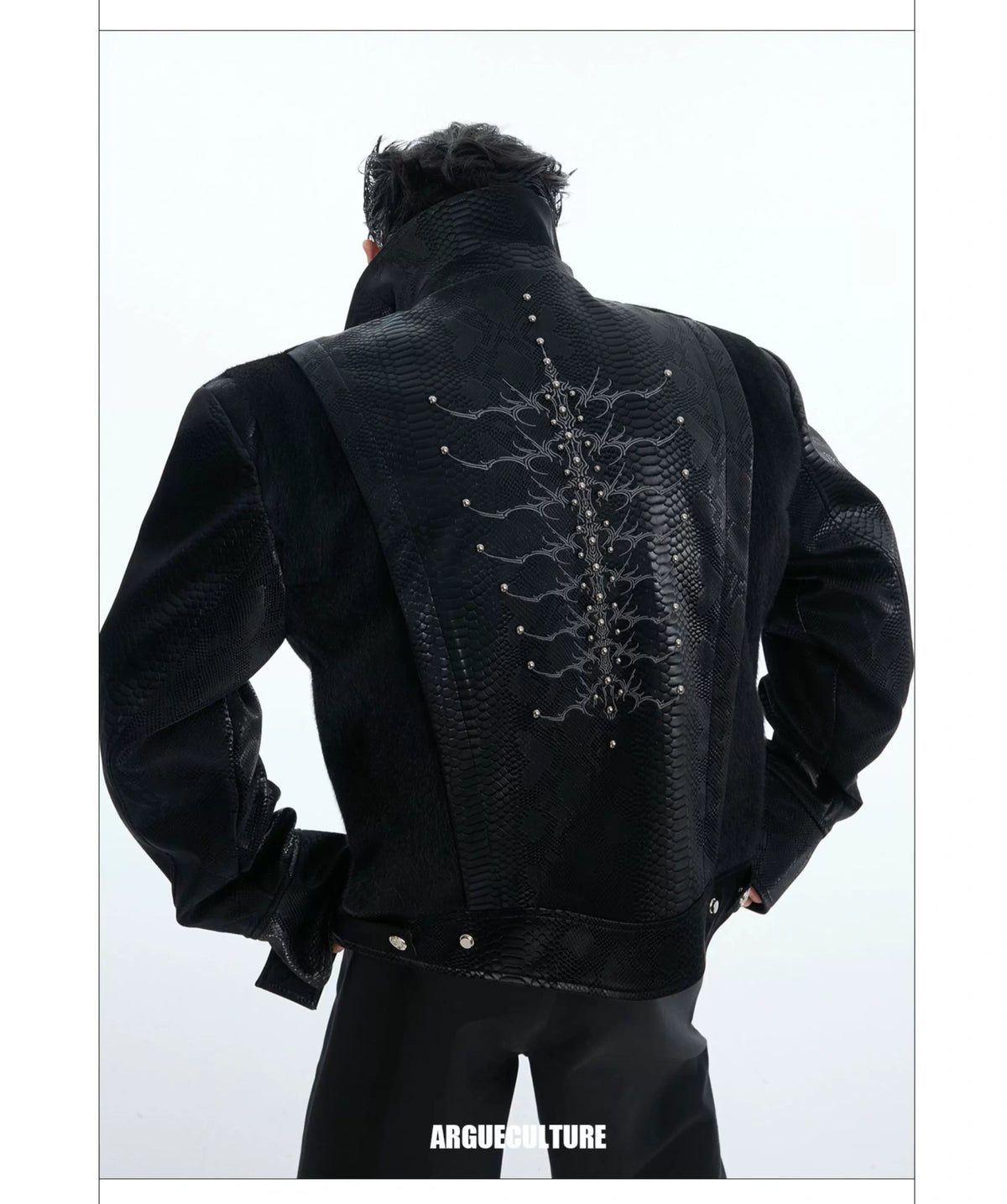 Snake-Texture Studded PU Cropped Jacket | Unisex - description image 15