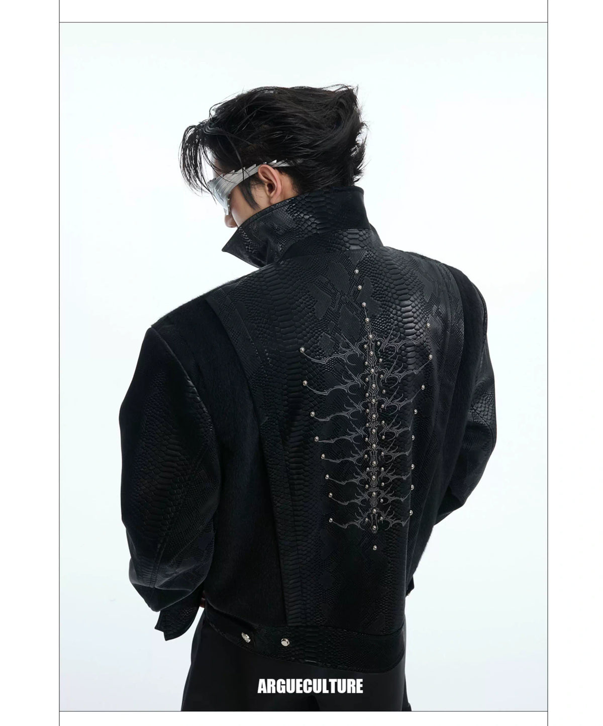 Snake-Texture Studded PU Cropped Jacket | Unisex - description image 16