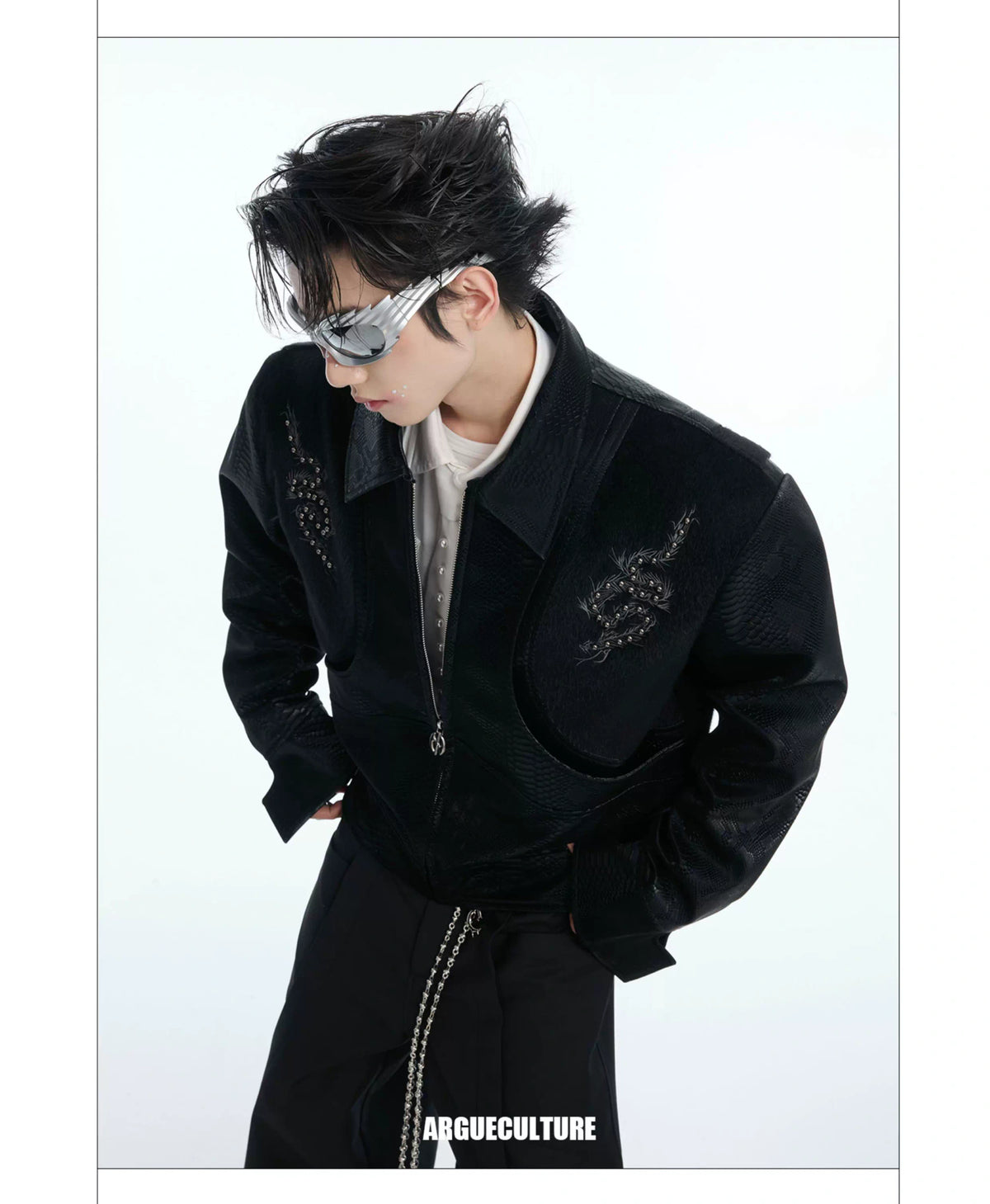 Snake-Texture Studded PU Cropped Jacket | Unisex - description image 17