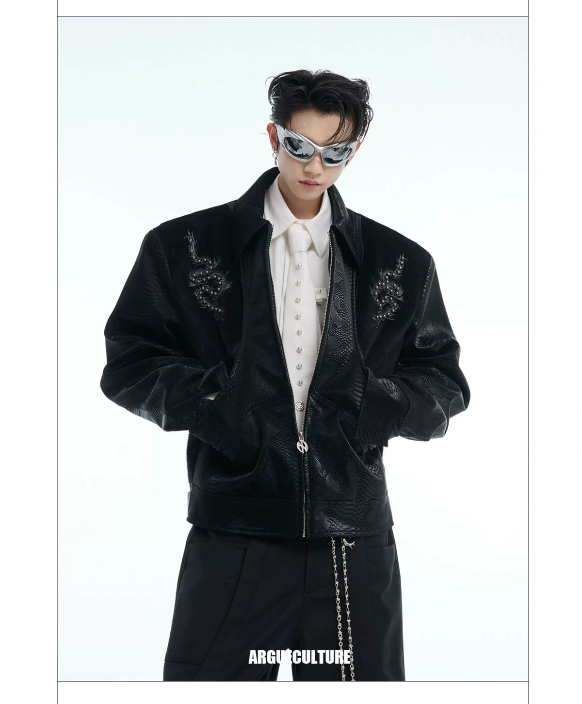 Snake-Texture Studded PU Cropped Jacket | Unisex - description image 18