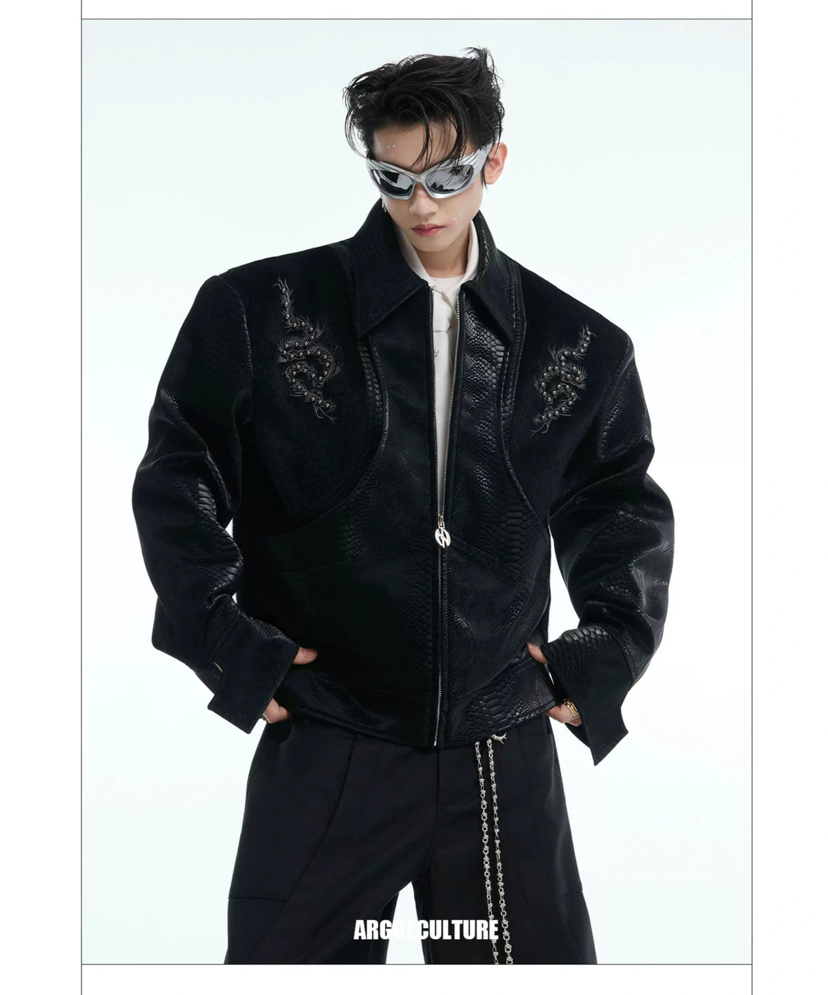 Snake-Texture Studded PU Cropped Jacket | Unisex - description image 19