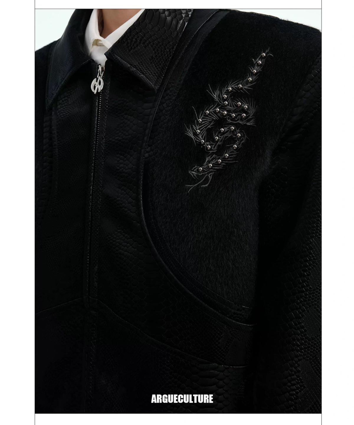 Snake-Texture Studded PU Cropped Jacket | Unisex - description image 20