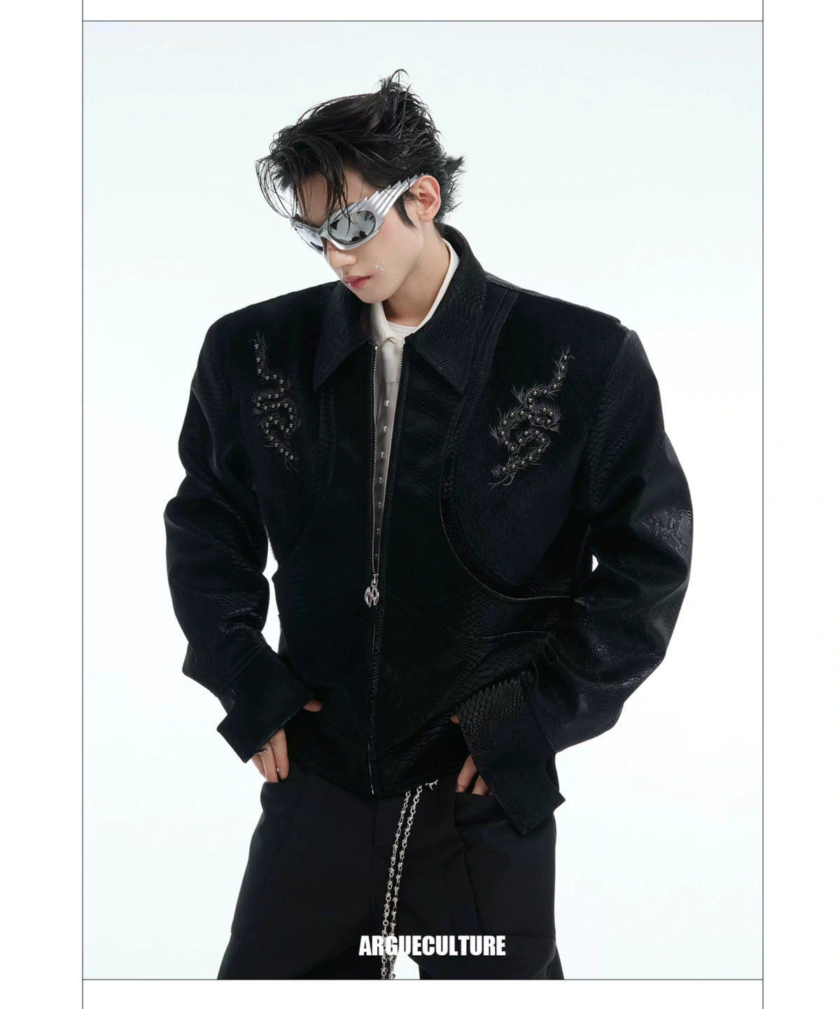 Snake-Texture Studded PU Cropped Jacket | Unisex - description image 21