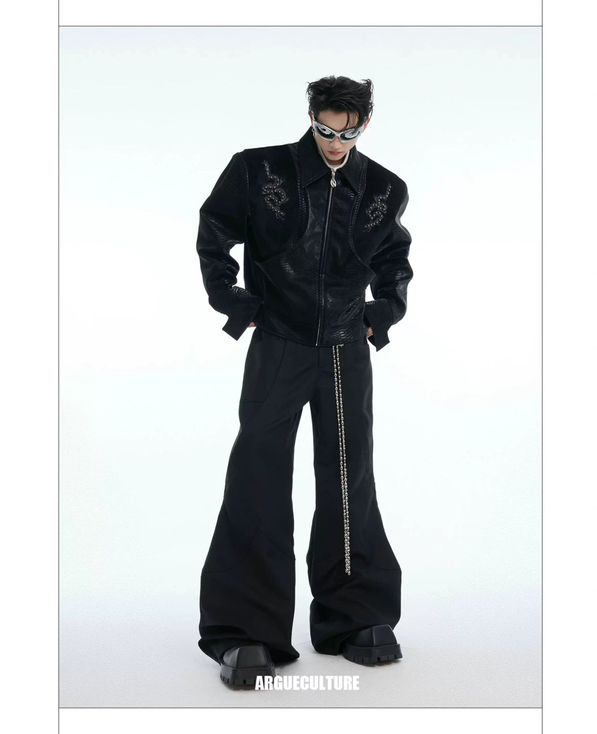 Snake-Texture Studded PU Cropped Jacket | Unisex - description image 23