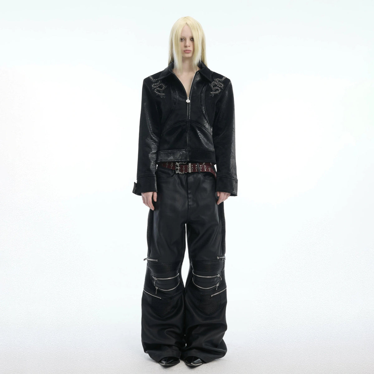 Snake-Texture Studded PU Cropped Jacket | Unisex - main image 3