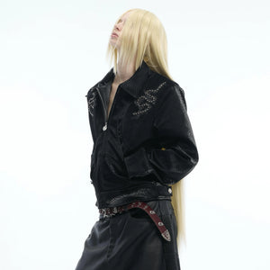 Snake-Texture Studded PU Cropped Jacket | Unisex - main image 5