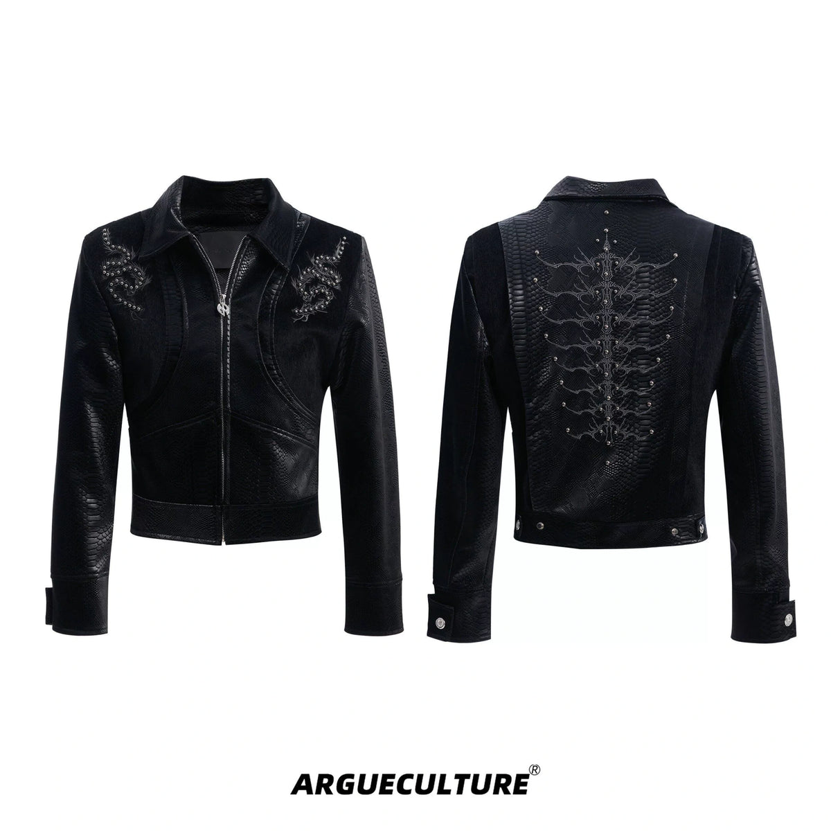 Snake-Texture Studded PU Cropped Jacket | Unisex - Slim Fit Black