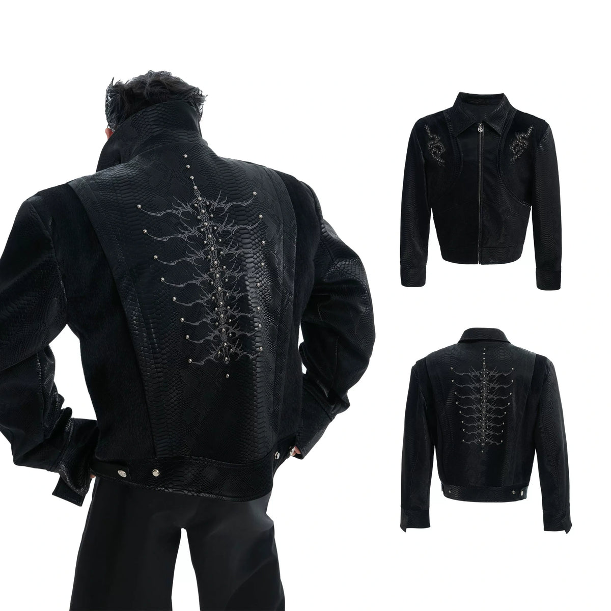 Snake-Texture Studded PU Cropped Jacket | Unisex - Boxy Black