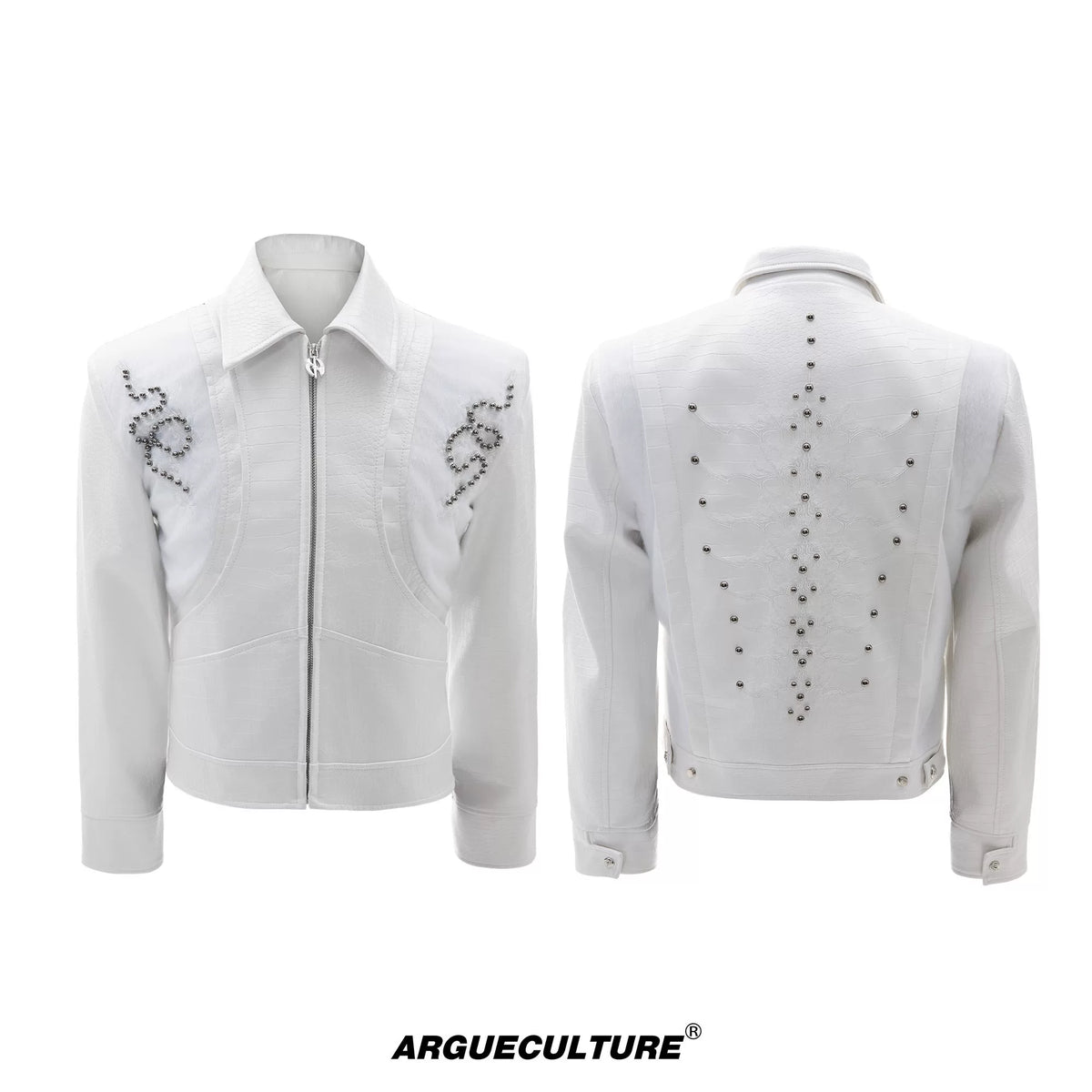 Snake-Texture Studded PU Cropped Jacket | Unisex - Slim Fit White