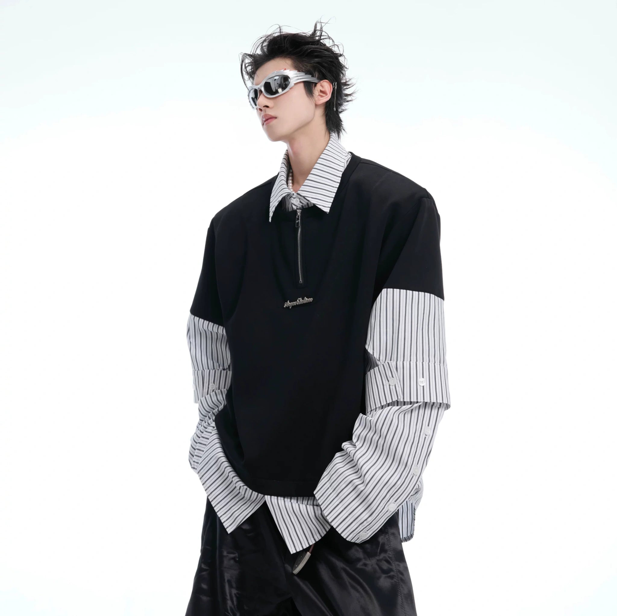 Relaxed Striped Faux-Two-Piece Shirt | Unisex Streetwear - main image 1