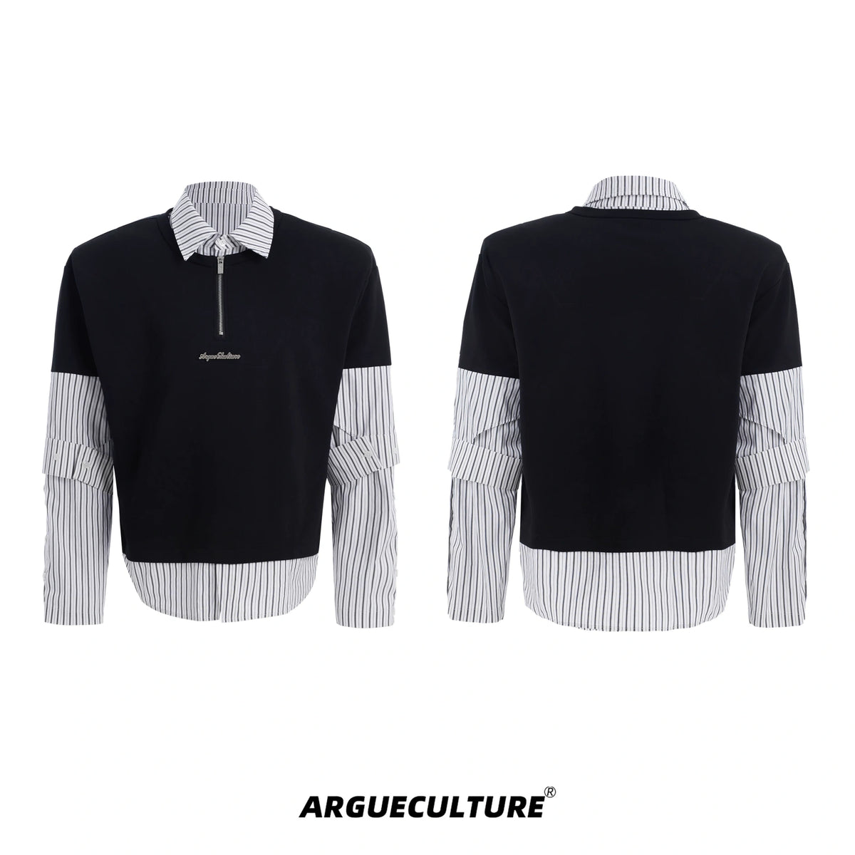 Relaxed Striped Faux-Two-Piece Shirt | Unisex Streetwear - Black