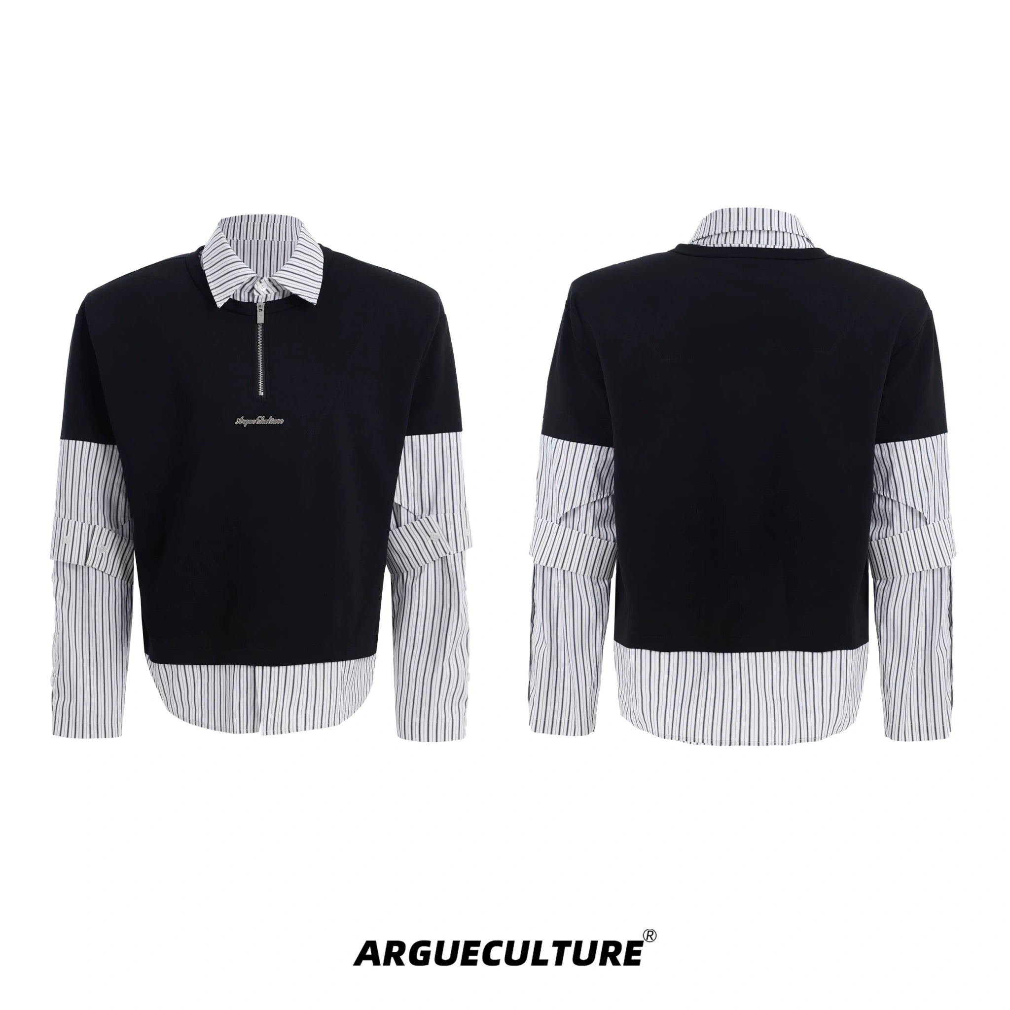 Relaxed Striped Faux-Two-Piece Shirt | Unisex Streetwear - Black