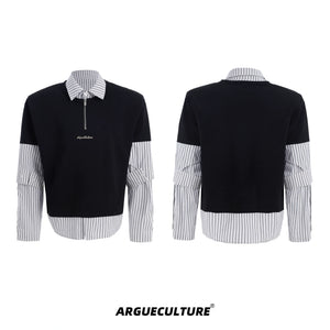 Relaxed Striped Faux-Two-Piece Shirt | Unisex Streetwear - Black