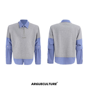 Relaxed Striped Faux-Two-Piece Shirt | Unisex Streetwear - Gray