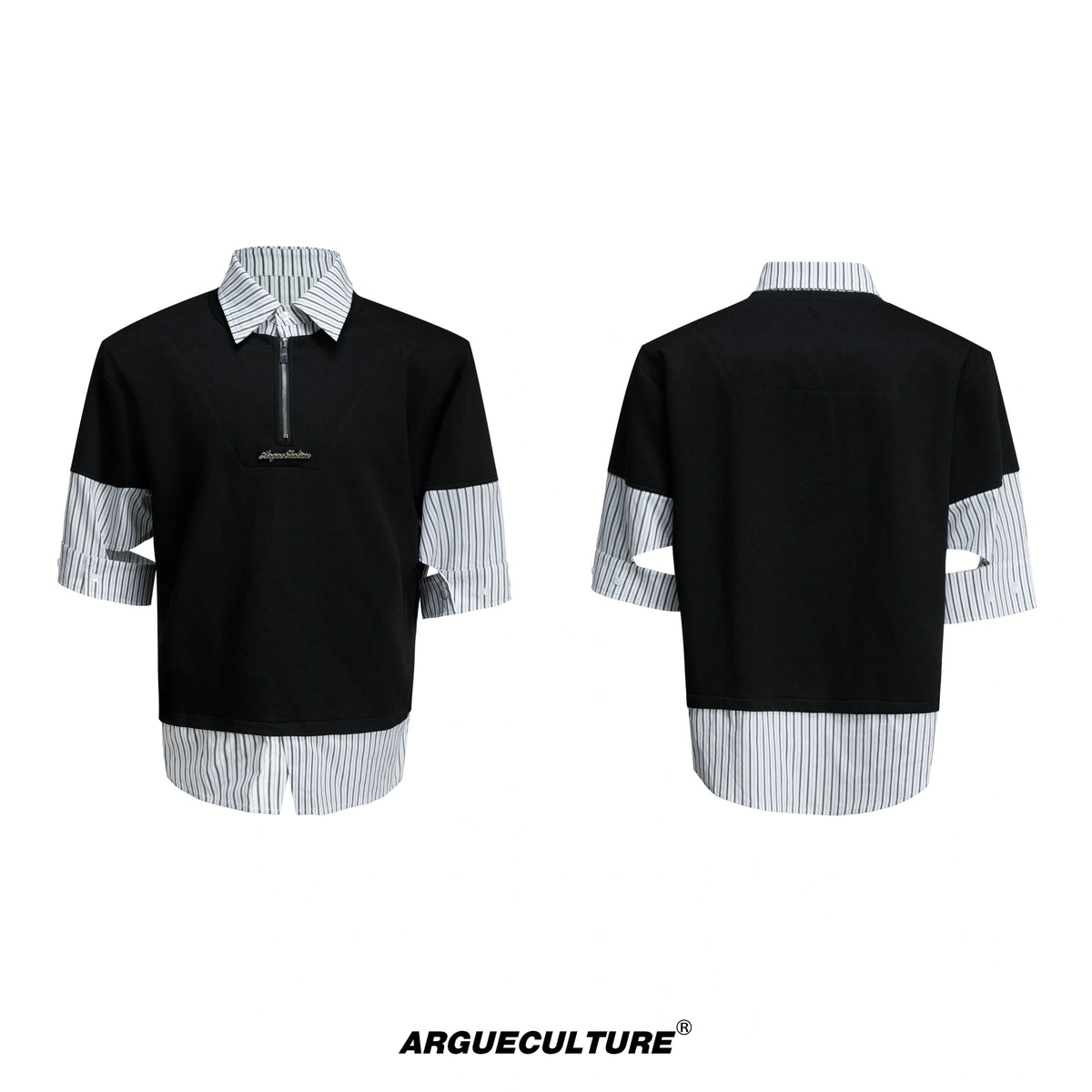 Relaxed Striped Faux-Two-Piece Shirt | Unisex Streetwear - Black Short Sleeve