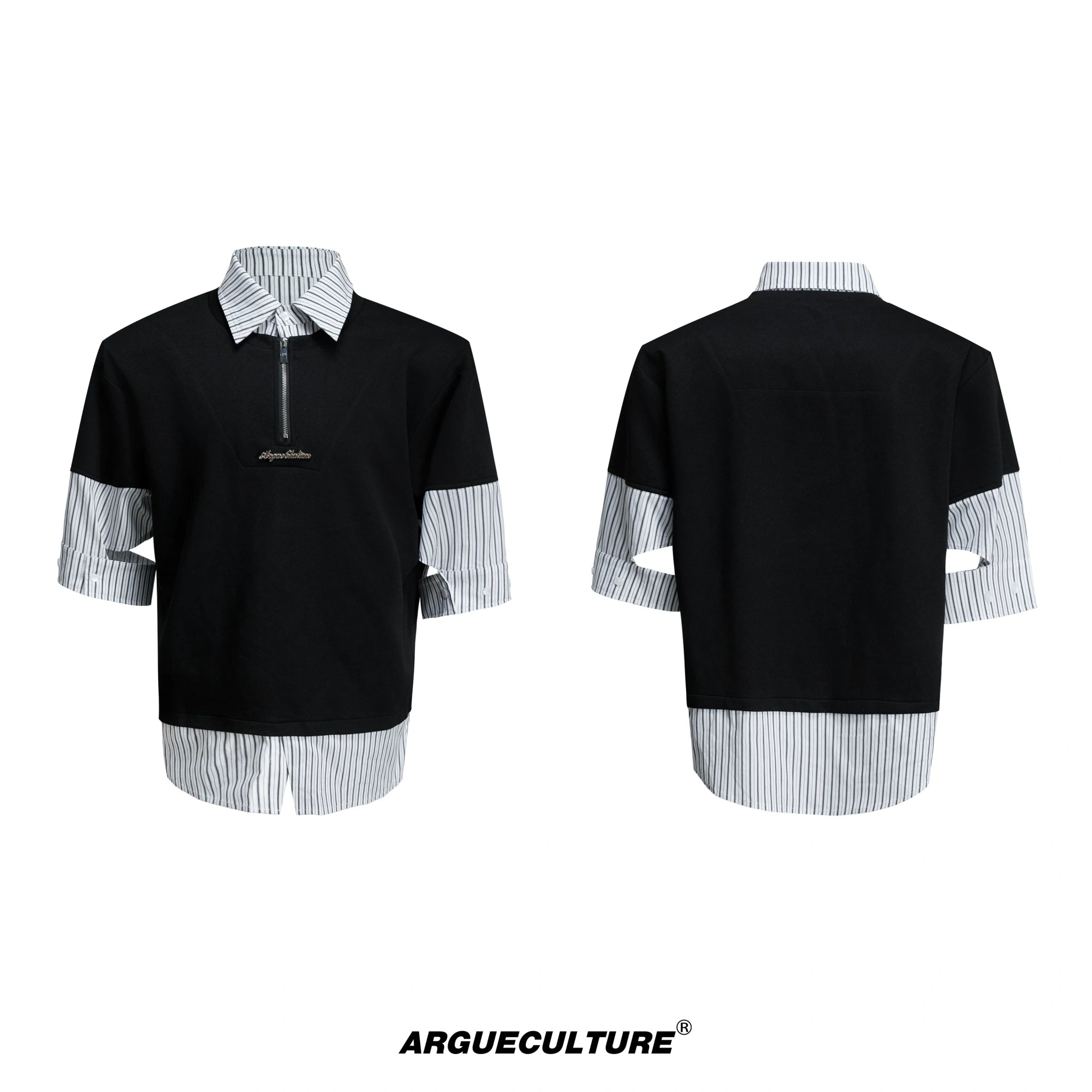 Relaxed Striped Faux-Two-Piece Shirt | Unisex Streetwear - Black Short Sleeve