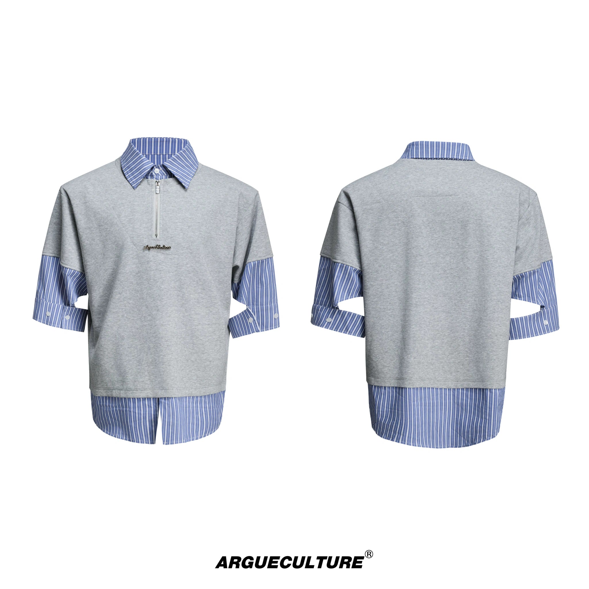 Relaxed Striped Faux-Two-Piece Shirt | Unisex Streetwear - Gray Short Sleeve