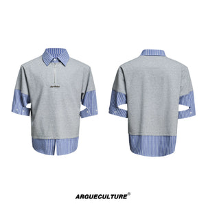 Relaxed Striped Faux-Two-Piece Shirt | Unisex Streetwear - Gray Short Sleeve