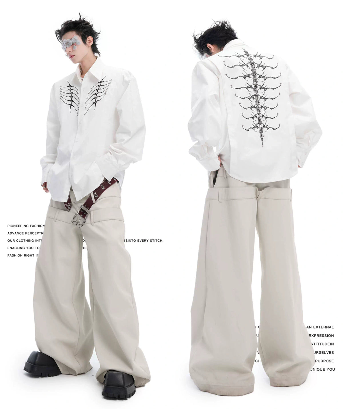 Embroidered Bone Motif Shirt | Relaxed Cotton Button-Up - description image 2